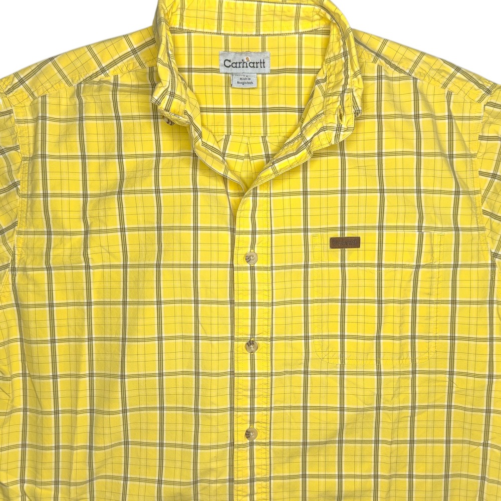 Carhartt Mens Medium Yellow Check Plaid Short Sleeve Casual Button Up Shirt S136 - Picture 2 of 7